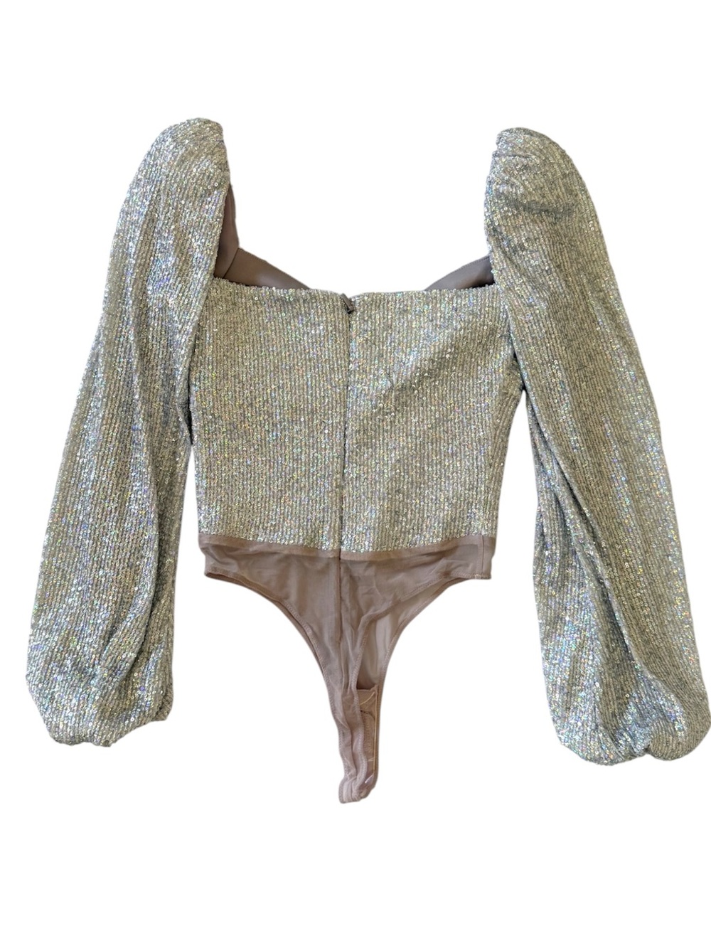 House of CB Julissa Silver Sequin Bodysuit Puff Sleeve XS NWT - Picture 3 of 8